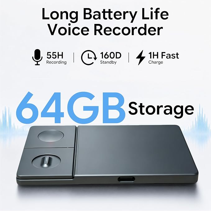 AI Voice Recorder with Transcribe & Summarize & Real-Time AI Chat – App Control Audio Recorder with AI Noise Cancellation, 126+ Languages Support, 64GB Note Taker for Meeting Lecture