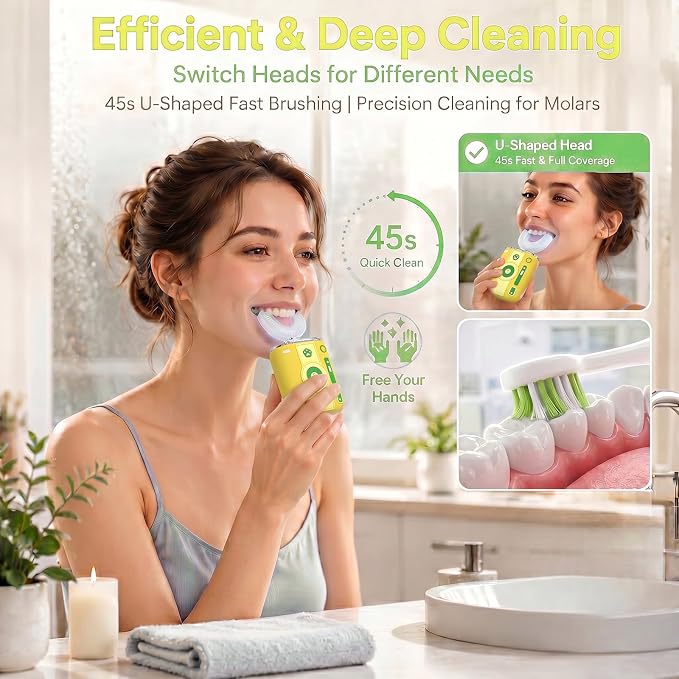 Adult Ultrasonic Electric Toothbrush, 360° Oral Cleaning for Stain & Whitening, IPX7 Waterproof Rechargeable, U-Shape Brush Head×3 + Straight Handle Brush Head×2