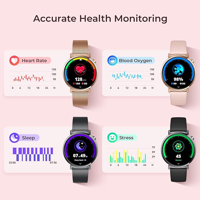 Smart Watch for Women, 7.9mm Ultra Thin 1.32" AMOLED Screen, Bluetooth Calling, Fitness Tracker for Android iPhone, Heart Rate Sleep Monitor, IP68 Waterproof, 2 Straps, Rose Gold Gift