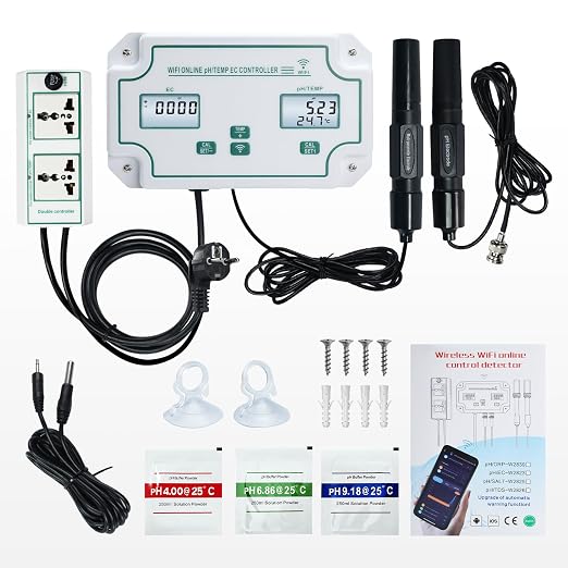 Smart EC pH Temperature Monitor for Hydroponics, 3-in-1 WiFi Water Quality Tester pH EC Controller with Dual Relay Output for Nutrient Reservoir Electric Conductivity Controller pH Meter for Aquarium