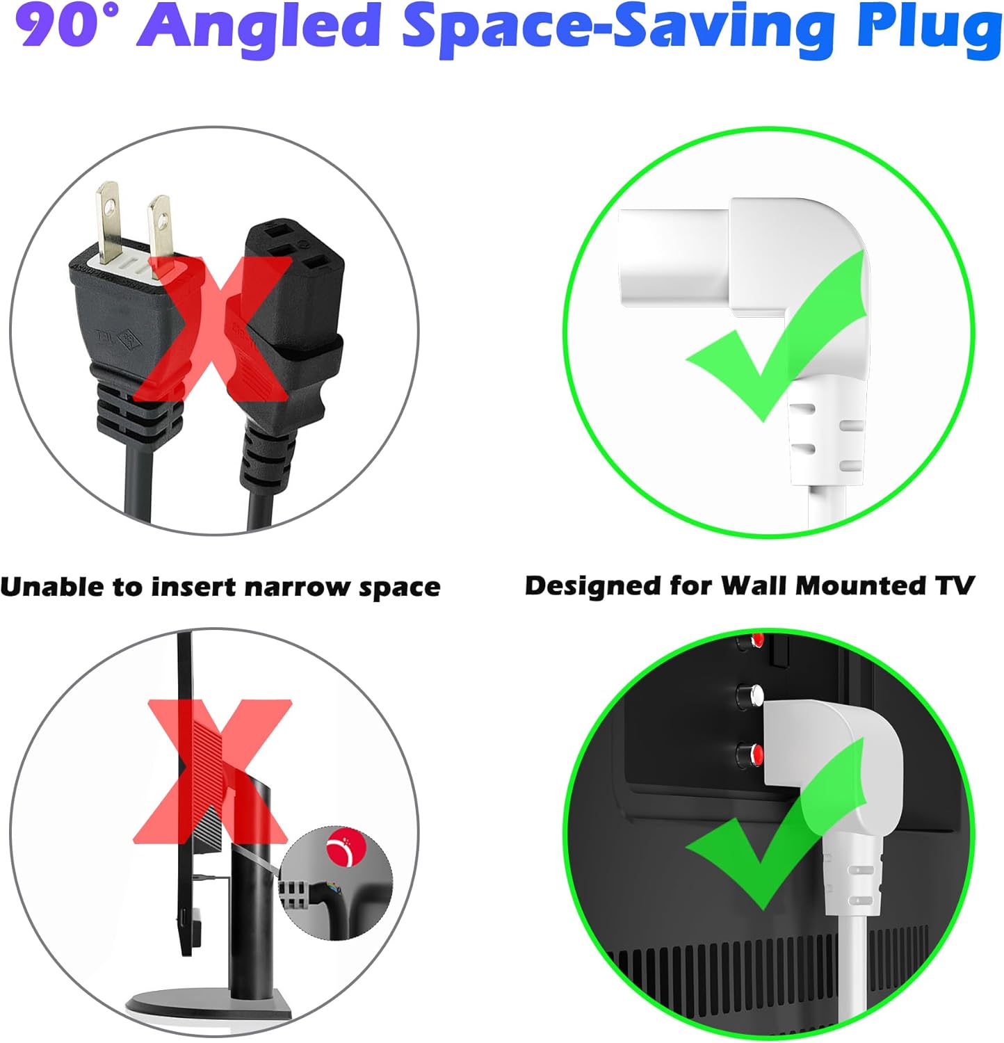 Adoreen 2 Ft Computer TV Replacement Power Cord White, 90 Degree Angled L-Shaped 18AWG 3-Prong AC Universal Power Supply Cable NEMA 5-15P to IEC 320 C13 for Printer, PC, Monitor TV LCD, ETL+Ties
