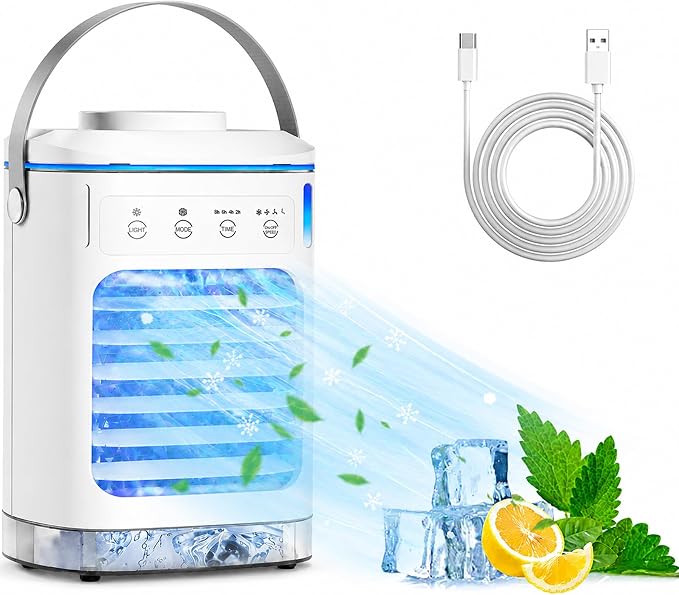 Portable Air Conditioners, Personal Air Conditioner with 3 Speeds & 2/4/6/8H Timer, 7 Color Light & 900ml Large Tank, Dual Mist & Icebox, Evaporative Air Cooler AC Cold Fan for Bedroom Office Desk Car