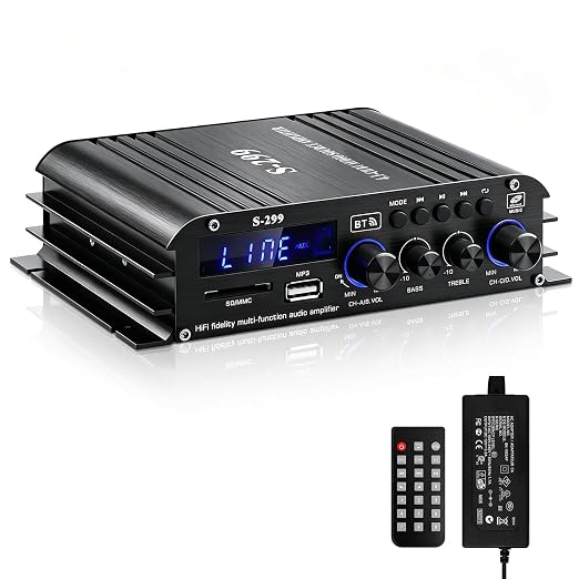 Audio Power Amplifier for Home Speakers -S-299 Bluetooth 5.0 Power Amp 4.1 Channel RMS 40Wx4 Subwoofer AMP DC 12V/5A Mini Integrated Digital Amplifier with USB/SD & AUX Jack