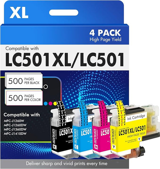 LC501 LC501XL MFC-J1360DW Ink Cartridges for Brother Printer Work Smart 1360 MFC-J1260W MFC-J1260DW MFC-J1410DW MFC J1360DW J1260W J1260DW J1410DW Series Printer (4 Pack Black Cyan Magenta Yellow)
