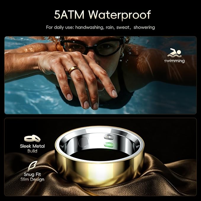 RQZ Smart Ring Fitness Tracker for Men Women, Sleep & Heart Rate Monitor, Step Counter with Vibration Alert, 5 ATM Waterproof, Compatible with iOS & Android Gold Size 8