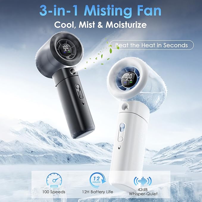 Portable Misting Fan Handheld Powerful Turbo Fan, 100 Speeds, 6000mAh Rechargeable Battery, LED Display, Spray Mist Personal Mini Fan for Travel, Beach, Outdoor Camping (Midnight)