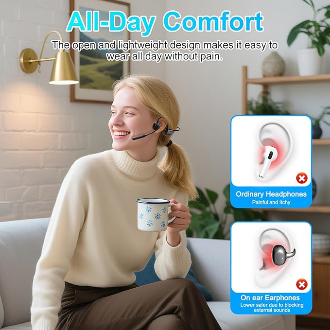 ZIOCOM Open Ear Headphones, Truck Driver Earphones with Mic, ENC Noise Cancelling and Mute Button, AptX-LL Wireless Headset for Office Driving Working Home-10 Hrs(Not Bone Conduction) (Black)