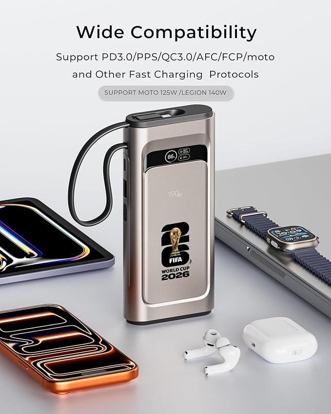 2026 FIFA Licensed 190W 20000mAh Power Bank for Laptop Portable Charger,3-Port USB-C Fast Charging Battery Pack with Built-in USB-C Cables for MacBook,Cell Phones,iPhone 17,iPad,Android,Samsung