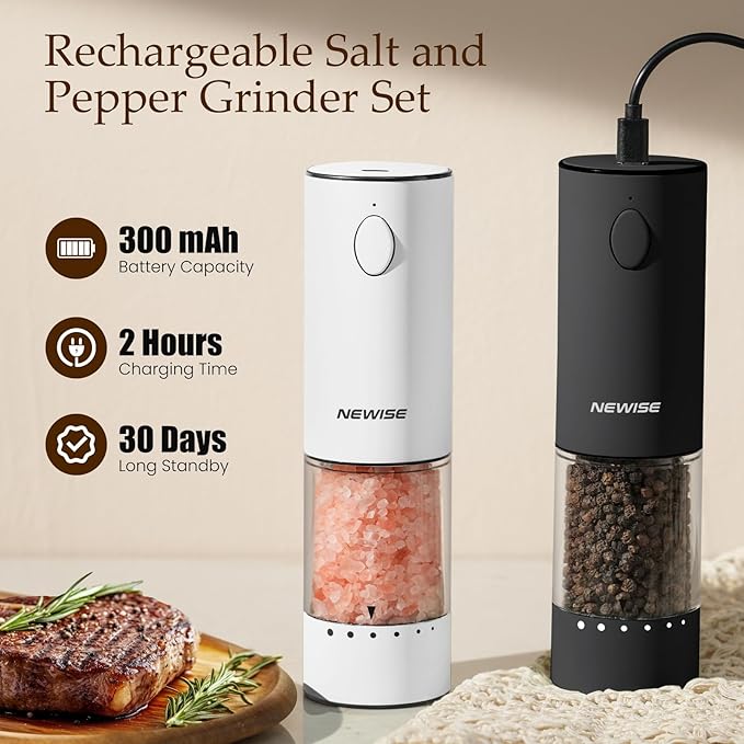 Electric Salt and Pepper Grinder Set, Adjustable Coarseness & LED Light, Rechargeable Large Capacity Stainless Steel Mill, Kitchen Appliances for Women Mom- Black/White