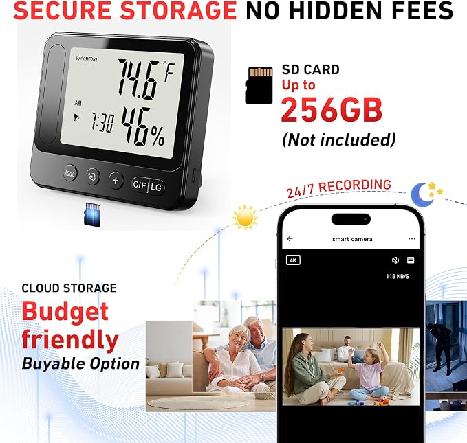 Hidden Camera with Temperature & Humidity Monitor, 4k Indoor WiFi Nanny Cam with Motion Detection, Night Vision, Live View by App, Security Camera for Home, Office, Greenhouse, Garage