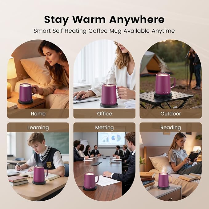 Smart Self Heating Coffee Mug,14oz Temperature Control Coffee Mug,Hot up to 150°F,Rechargeable Heated Coffee Mug,Up to 6H Battery Life,Coffee Cup Warmer,Great Gift for Coffee Lovers,Dad,Mom (Rose Red)