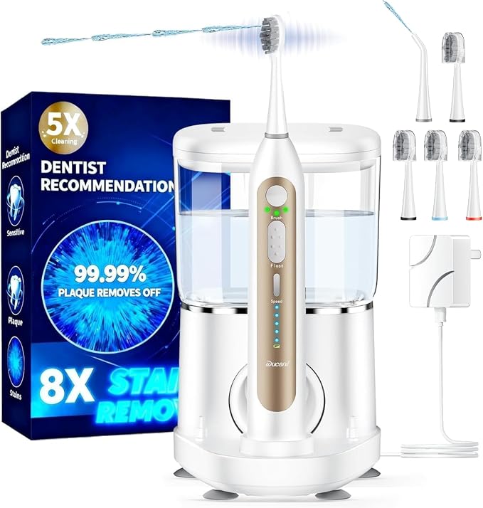Electric Toothbrush with Water Flosser Combo, 3-in-1 Sonic Flossing Toothbrush and Dental Water Flosser for Teeth Adult Cleaning with 4 Heads, Sensitive, Gum Care, Braces, 500ML-White