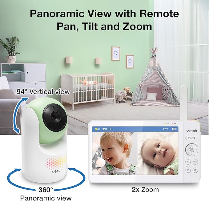 VTech 2-Cameras Video Baby Monitor with 7" Color LCD Screen, Rechargeable Battery, Video and Audio Streaming, Pan-Tilt-Zoom, Touch Multi-Color Night Light, Two-Way Talk: Advanced Max Twin (Green)