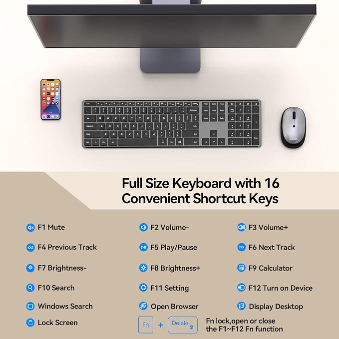 AUSDOM Wireless Keyboard and Mouse Combo, Cordless Quiet Keyboard Mouse Set, Rechargeable Slim Silent Full Size Keyboard with 3 DPI Adjustable Mouse, Ultra-Thin for Windows, Laptop, Black Gray