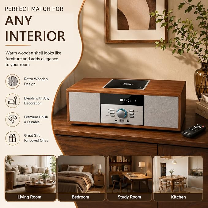 Nostalgic Bluetooth Stereo System for Home, WISCENT Vintage Micro HiFi Systems CD Player,with Bluetooth Audio Streaming,FM Radio,USB Port,Aux-in,Earphone Port (Brown)