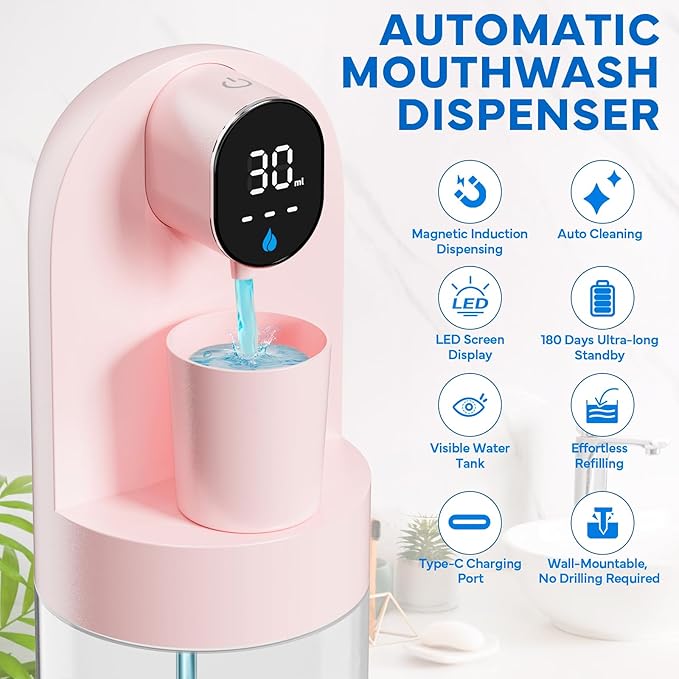 Automatic Mouthwash Dispenser for Bathroom, 21.12 oz Touchless Smart Mouth Wash Dispensers Bathroom Accessories Set with 4 Magnetic Cups, 4 Modes Wall Mounted Mouth Wash Dispenser for Home & Kids