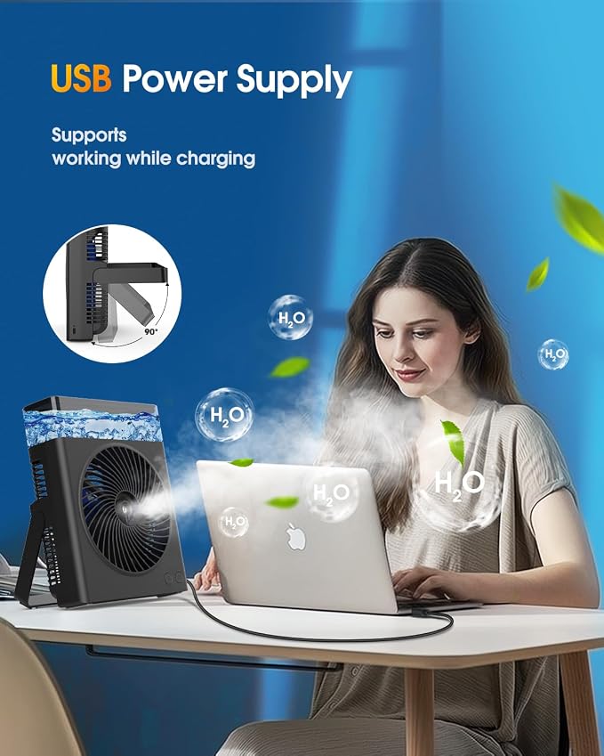 JINLICTE Portable Misting Fan,【Max 15H Runtime】 8-Inch Rechargeable Water Cooling Mist Fan with 600mL Water Tank, Quiet USB Battery Powered, Perfect for Camping Home Outside Office Travel