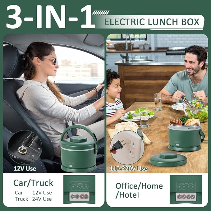 Electric Lunch Box for Adults 40 oz Portable Food Warmer 12V/24V/110V/220V Heated Lunch Box for Work, Office, Car, Travel, Home Use (Green)