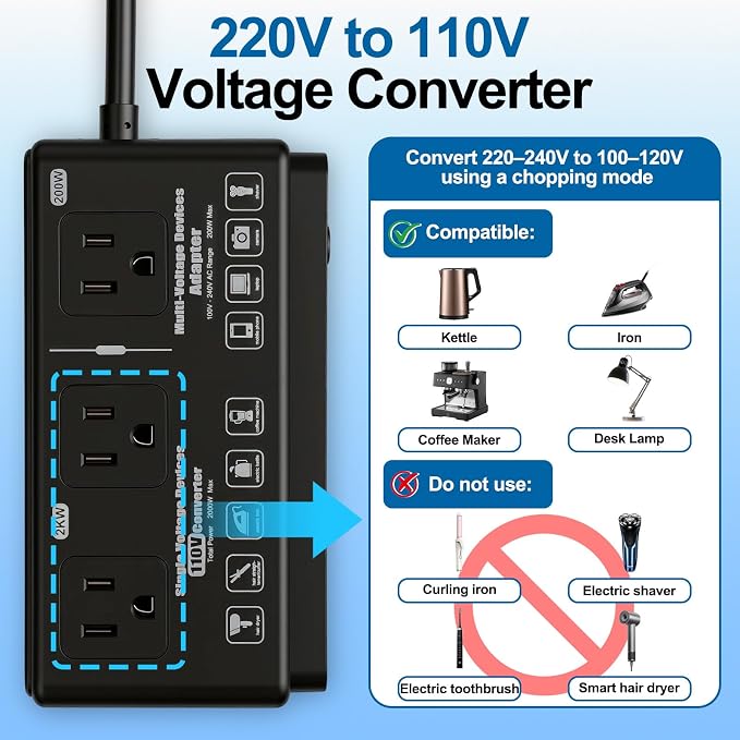 220v to 110v Travel Voltage Converter: International Universal Voltage Black Converter US to Europe Power Strip Plug Transformer - 2000W Electric Hair Dryer Step Down Outlet Converters for European UK