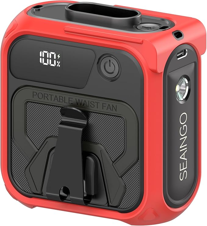 SEAINGO Portable Waist Fan Rechargeable – 10000mAh, 42 ft/s Max, 5 Speeds 16000RPM, Personal Cooling Wearable Clip Body Belt Shirt Fans, Hanging Neck Fan with Light (Red)
