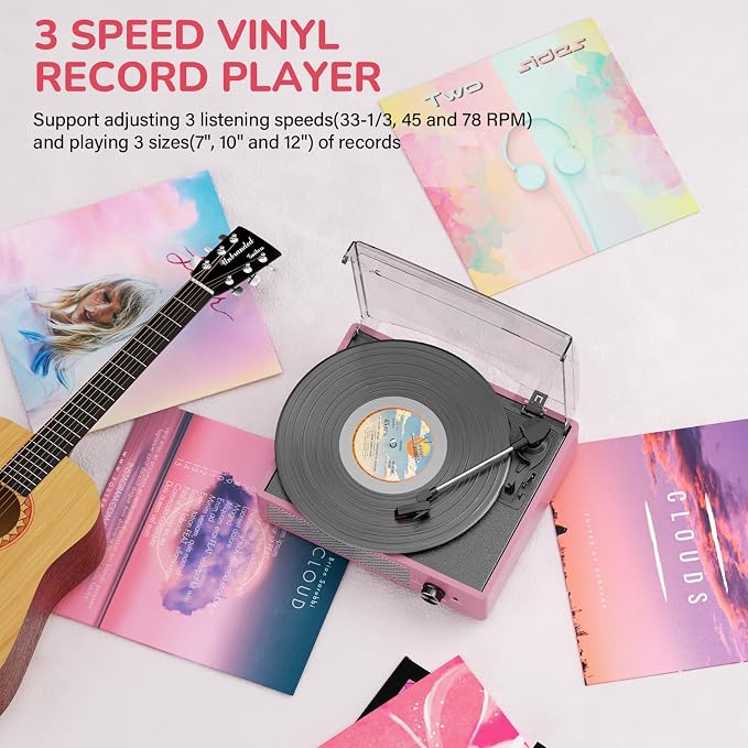 Record Player with Speakers Belt-Driven Vintage Turntables 3 Speed 3 Size Wireless Bluetooth Playback AUX-in RCA Out Headphone LP Vinyl Players Auto Stop Purple Pink