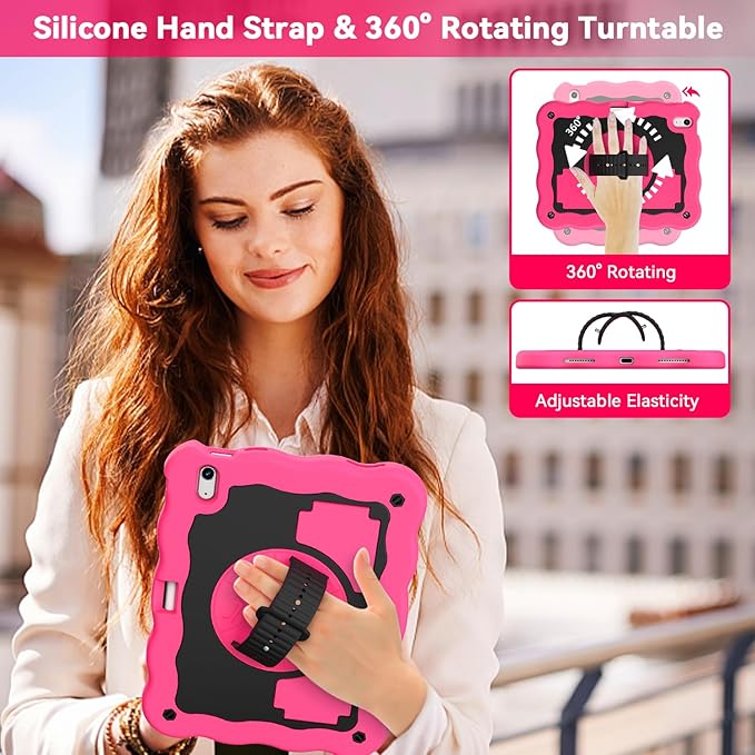 ZoneFoker for iPad A16 11th Generation 2025 / 10th Gen Case 2022, for 11 Inch / 10.9 Inch iPad Case Heavy Duty Cover Shockproof with Pencil Holder [360° Rotate Strap] & Stand, Hot Pink