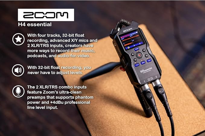 Zoom H4essential 4-Track Handy Recorder with 32-Bit Float, Accessibility, Stereo Microphones, 2 XLR/TRS Combo Inputs, Record to SD Card, USB Interface, for Musicians, Podcasters, Filmmakers