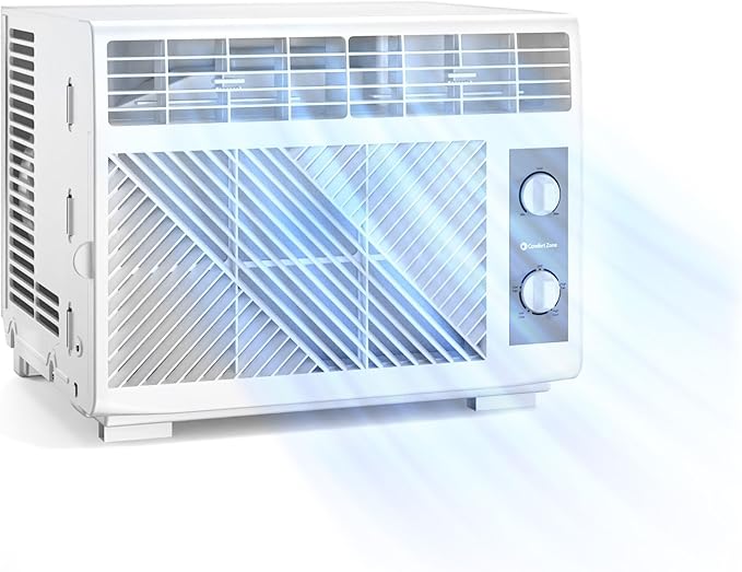 Comfort Zone Window Mounted Room Air Conditioner, 5,000 BTU, 7 Temperature Settings, 2 Fan Modes, Cool up to 150 Sq. Ft., Washable Filter, White