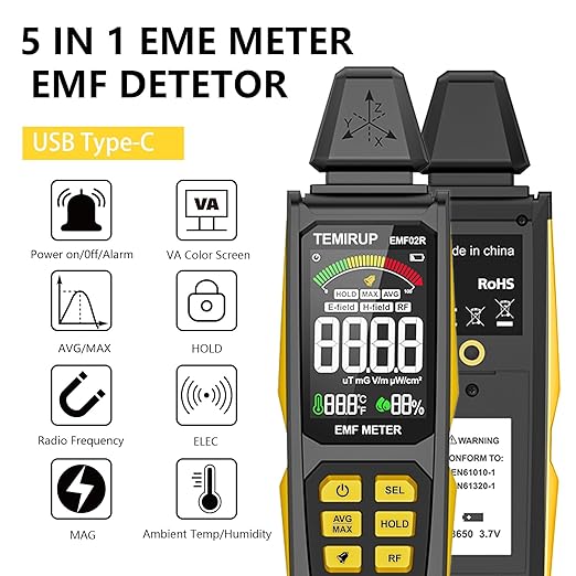 5-in‑1 EMF Detector, Electromagnetic Field Radiation Detector for EF, RF, MF, WiFi,5G Signal, Temperature/Humidity Measurement, Rechargeable EMF Meter for Home, Office, and Paranormal Investigation