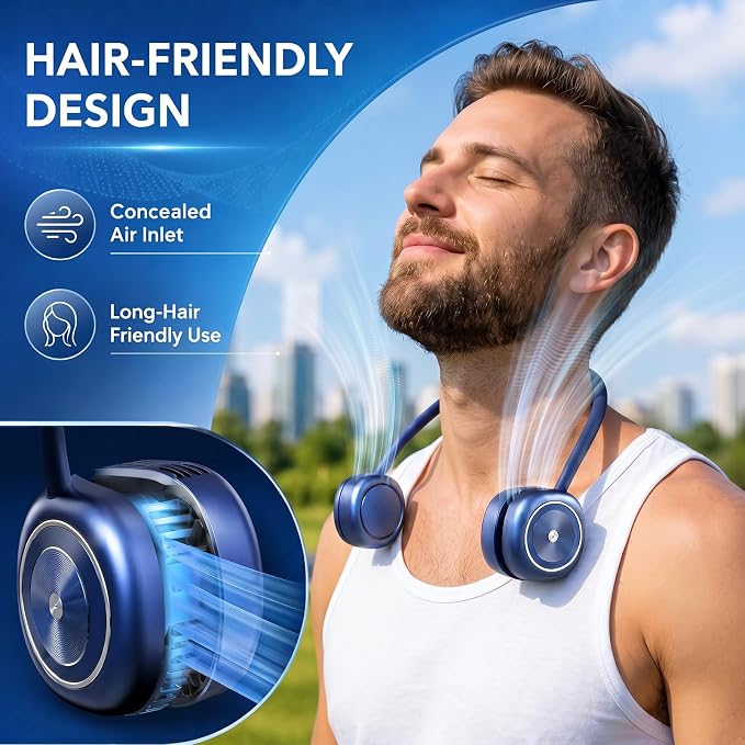 Foldable Neck Fan, Portable Neck Fan Rechargeable, Bladeless Quiet 360° Adjustable Personal Fan, 3 Speeds Hands Free Wearable Fan for Travel, Walking, Camping, Office, Navy Blue