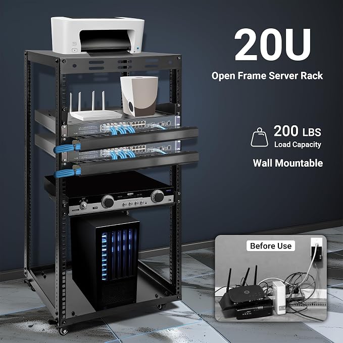 20U Server Rack w/ 2 Racks, Versatile Open Frame IT Rack - Wall-Mount, Rotate and Push w/Ease, AV Rack w/Top & Bottom Panels, Hook and Loop Straps for 19" Stereo/Data/IT/Computer Equipment