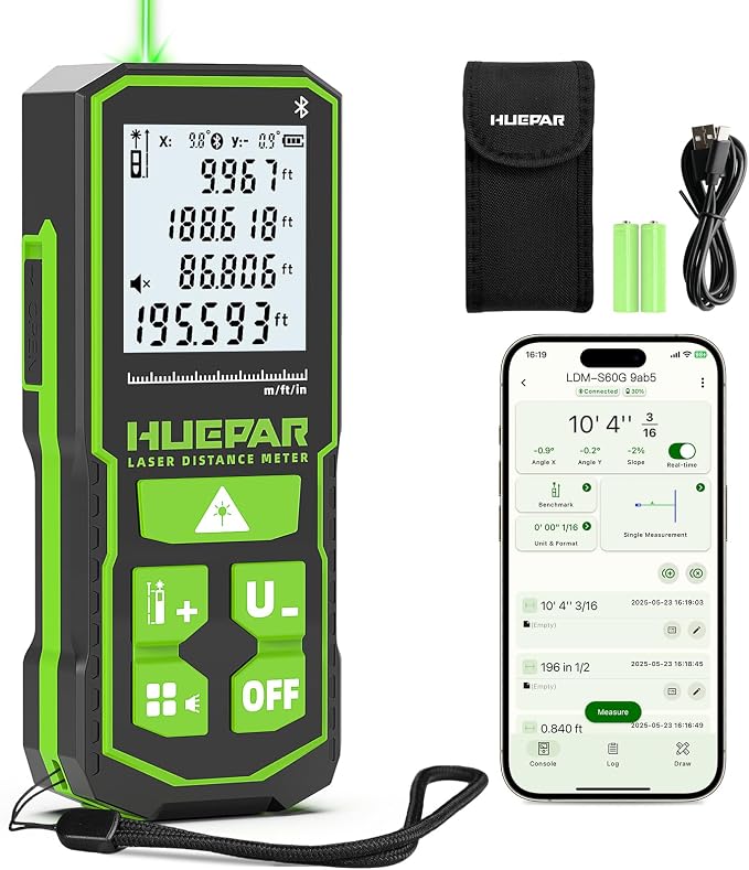 Huepar Professional Bluetooth Laser Measuring Tool S60-G-BT, 200ft | APP Control, Green Beam, ±1/16" High Accuracy, Rechargeable USB-C Laser Distance Meter, Angle Sensor, IP54, Gifts for Men