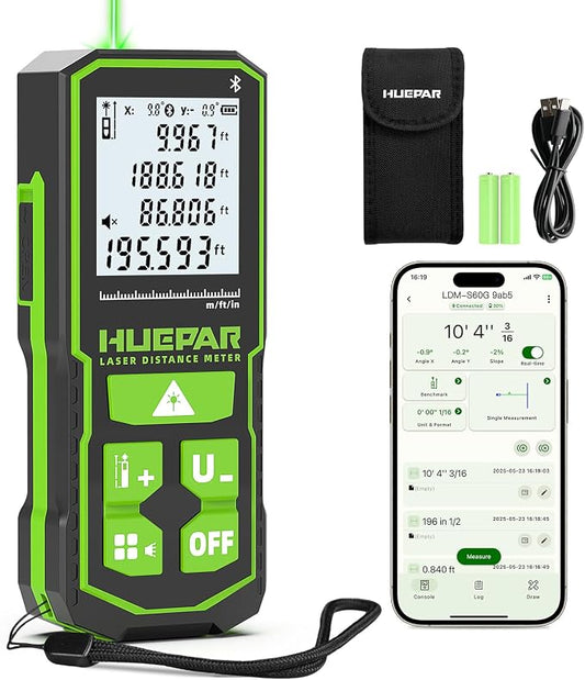 Huepar Professional Bluetooth Laser Measuring Tool S60-G-BT, 200ft | APP Control, Green Beam, ±1/16" High Accuracy, Rechargeable USB-C Laser Distance Meter, Angle Sensor, IP54, Gifts for Men