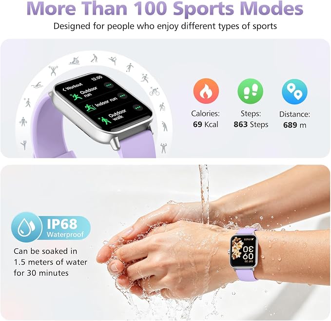 Smart Watches for Women, 1.85" Alexa Fitness Trackers with Call & SMS, Heart Rate, SpO2, Stress & Sleep Monitor, IP68 Waterproof Smartwatch for Android iPhone Samsung etc., 100+ Sports Modes, 2 Bands