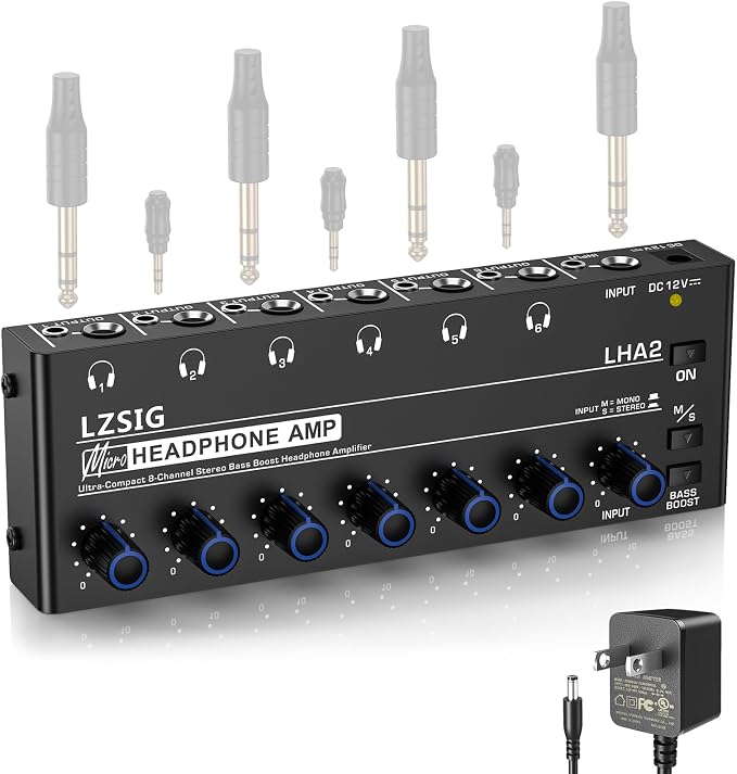 LZSIG Headphone Amplifier 6 Channel Metal Stereo Audio Amplifier with Bass Boost,Mini Earphone Splitter with Power Adapter,1/4" & 1/8" TRS Headphones Output and TRS Audio Input, DC 12V