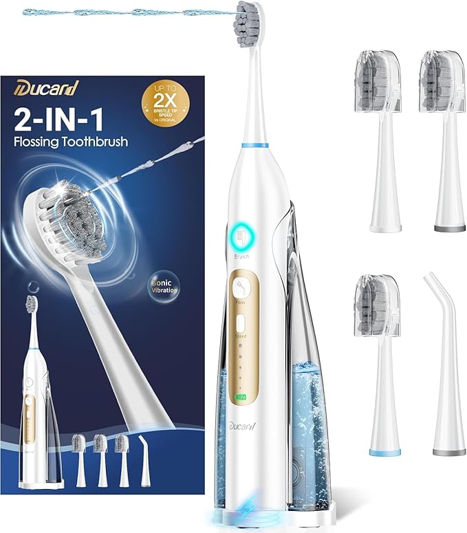 Electric Toothbrush with Water Flosser Combo, Professional Flossing Toothbrush with 3 Sonic Brush Modes & 5 Water Pressures, Cordless Water Flosser for Adults Teeth Cleaning Plaque Removal, White
