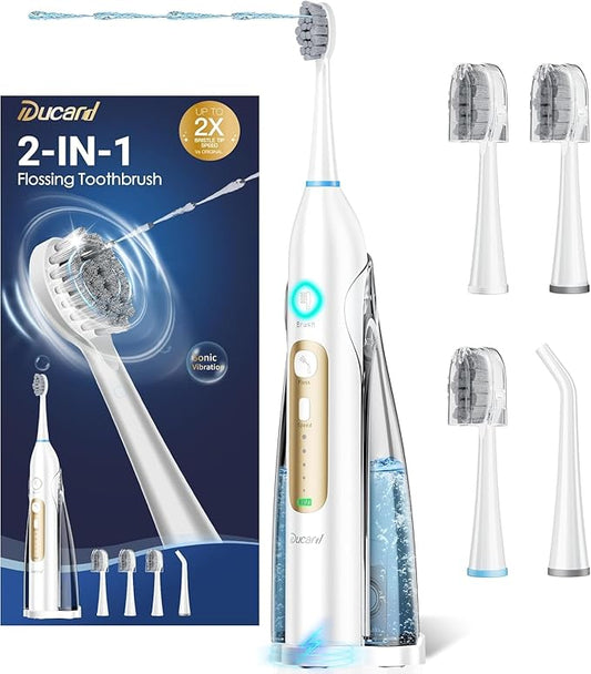 Electric Toothbrush with Water Flosser Combo, Professional Flossing Toothbrush with 3 Sonic Brush Modes & 5 Water Pressures, Cordless Water Flosser for Adults Teeth Cleaning Plaque Removal, White