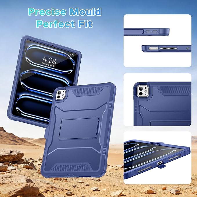 Soke Case for iPad Pro 11 Inch (M5) 2025/ (M4) 2024, with Built-in Screen Protector & Kickstand, Rugged Full Body Heavy Duty Protective Cover with Pencil Holder - Navy