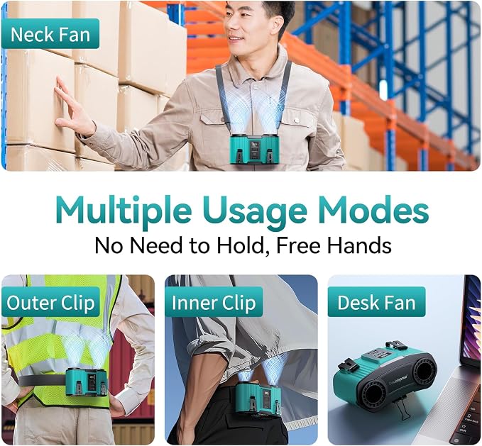 Doublepow 12000mAh Portable Waist Fan, Personal Waist Fan, Dual Air Ducts Motors, USB Rechargeable Clip On Belt for Working, 10 Speeds & 23H Wearable Neck Cooling, for Outdoor, Work, Travel (Blue)