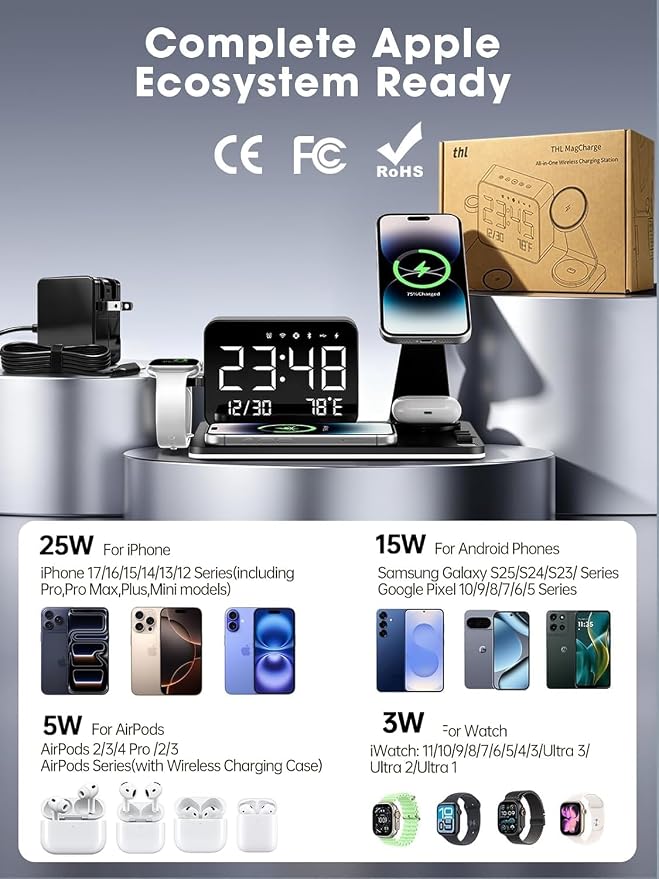 MagCharge 7-in-1 Magnetic Wireless Charging Station with Bluetooth Clock & Dimmable LED Lamp, 25W Fast Charger, 65W Adapter, Bedside Nightstand Charging Hub for iPhone Apple Watch AirPods