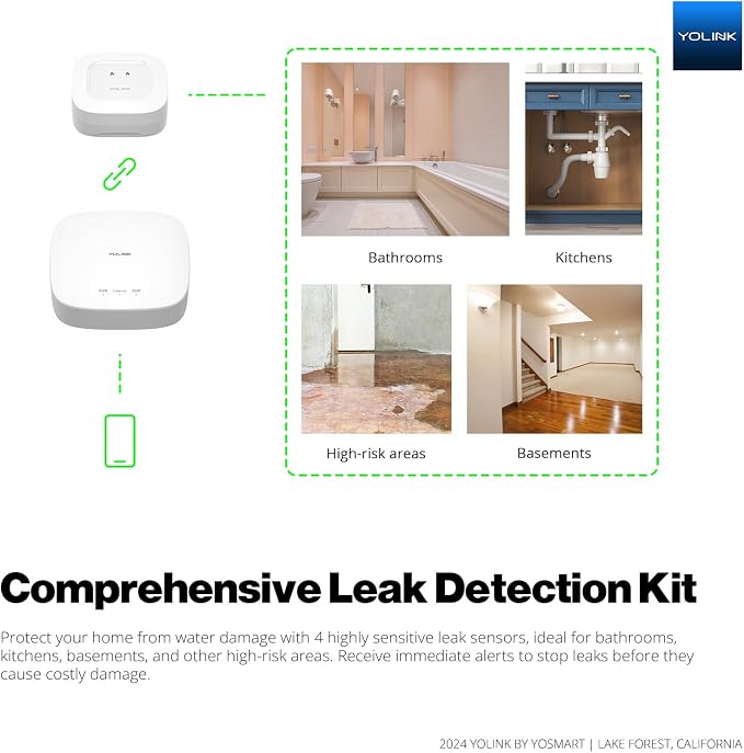 YoLink Smart Home Leak Detection Starter Kit – Hub + 4 Water Leak Sensors (0 dB), LoRa Long-Range, Alexa & IFTTT Compatible, Instant App/SMS/Email Alerts, Up to 5-Year Battery