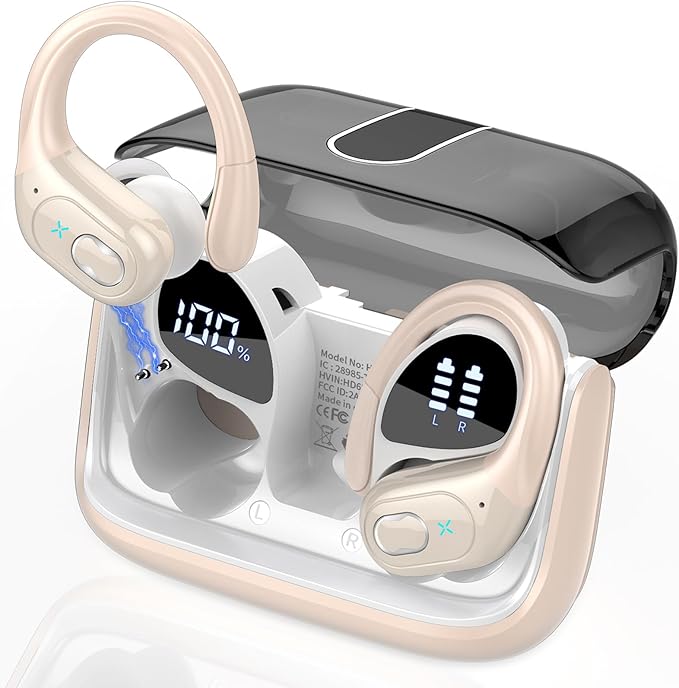 Wireless Earbuds 75hrs Bluetooth 5.4 Headphone Sport, 2026 Bluetooth Earbuds Stereo Deep Bass Over Ear Bud with Earhooks, ENC Noise Cancelling Mic, IPX7 Waterproof Earphone for Gym/Workout, Camel