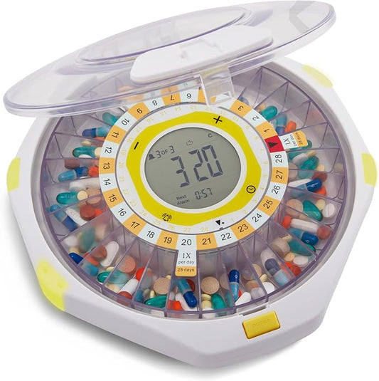 LiveFine Bluetooth Automatic Pill Dispenser, 28-Day Capacity, Sound & Light Alerts, Key Lock, LCD & Easy Setup on the LiveFine App for Prescriptions, Medications, Vitamins & Supplements - Clear Lid