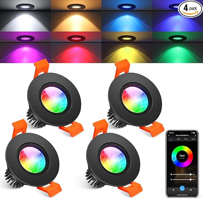 2 Inch Smart Recessed Lighting, 5W WiFi Recessed LED Lights, Dimmable RGB Color Changing & CCT 2700K–6500K, Compatible with Alexa & Google Home, 120V LED Downlight & Driver (Black, 4 Pack)