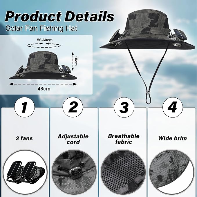 Solar Fan Hat,Wide Brim Solar Powered Fan Hat,Sun Hat with 2 Built-in Fans for Men
