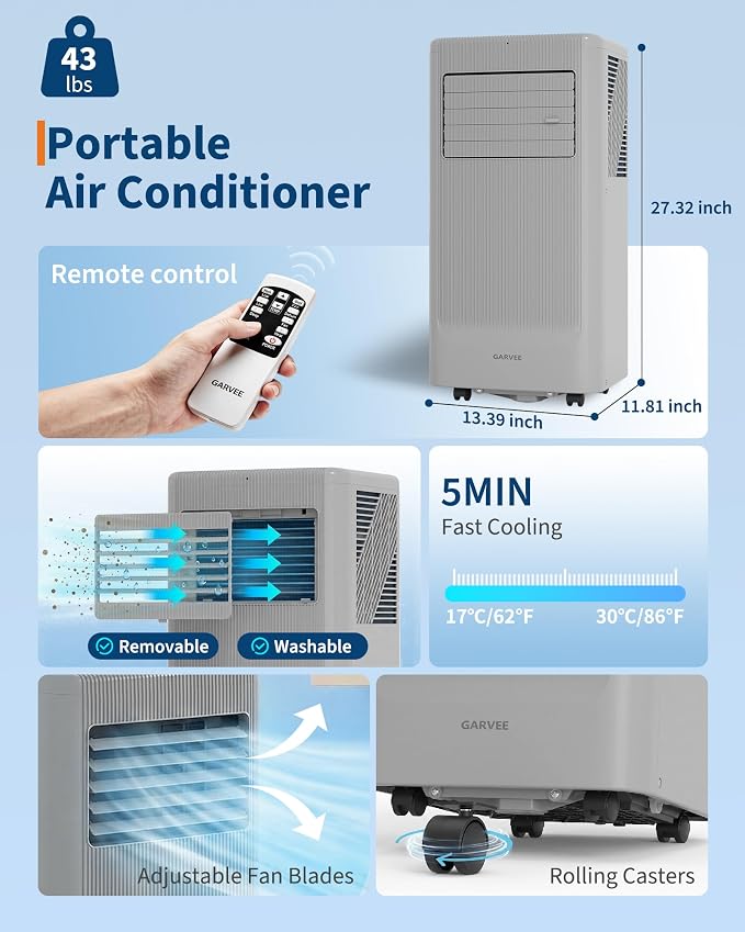 Garvee 10000BTU Portable Air Conditioner,Up to 450 Sq.Ft. Remote Control Silent Portable AC Unit, Dehumidifier,Fan,Sleep Mode,24H Timer&Installation Kit,DOE Certified,Ceer 6.7 Grey