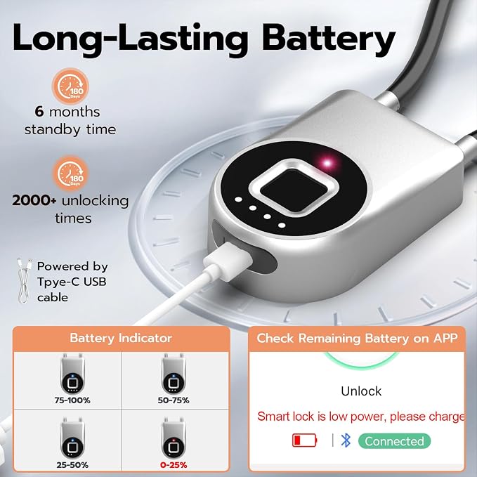 Fingerprint Cable Lock, eLinkSmart Fridge Locks with Bluetooth APP Control, Biometric Smart Padlock for Adults Baby Proof Cabinet Refrigerator French Door Cabinet Gate Locker Bike, 8.6'' Long Silver