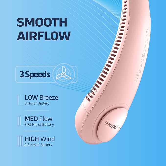 NEXAIR Portable Neck Fan Hands Free Cooling Lightweight Bladeless Neck Fan, 3 Speeds, 2400mAh Battery, 5H Runtime Pink
