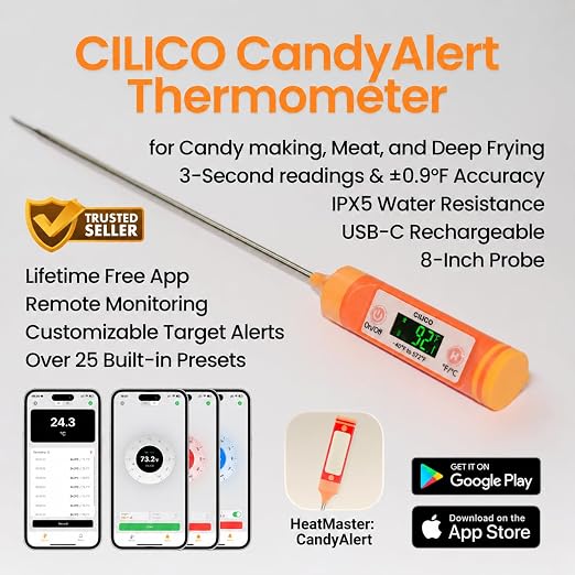 AI Bluetooth Candy & Meat Thermometer with HB Negative LCD, Smart Alerts via App (Type-C Rechargeable) Digital Instant Reading for Candy Making, BBQ, Deep Frying, & Liquids, 8" Long Probe,CT200-BT