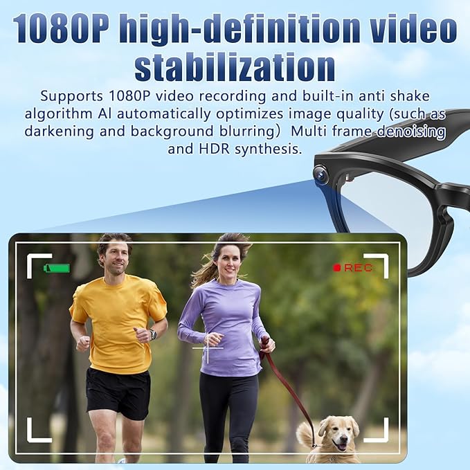 AI Smart Glasses with 1080P HD Camera, AI Real-Time Translation, Bluetooth Audio – Smart Glasses with Camera, Hands-Free Video Recorder for Travel, Sports, Outdoor Use (Black)